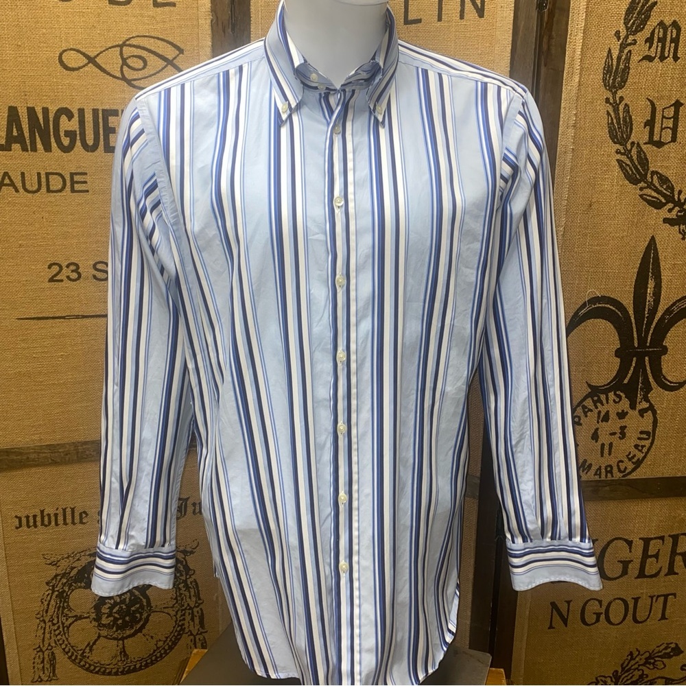 Etro Blue and White Vertical Stripe Button-Down Shirt, 43 (equivalent 17” neck)